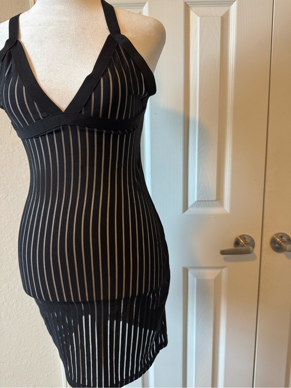 Black Mesh Striped Bandage Dress Size M Crisscross Strap Bodycon Party Dress - Picture 4 of 8